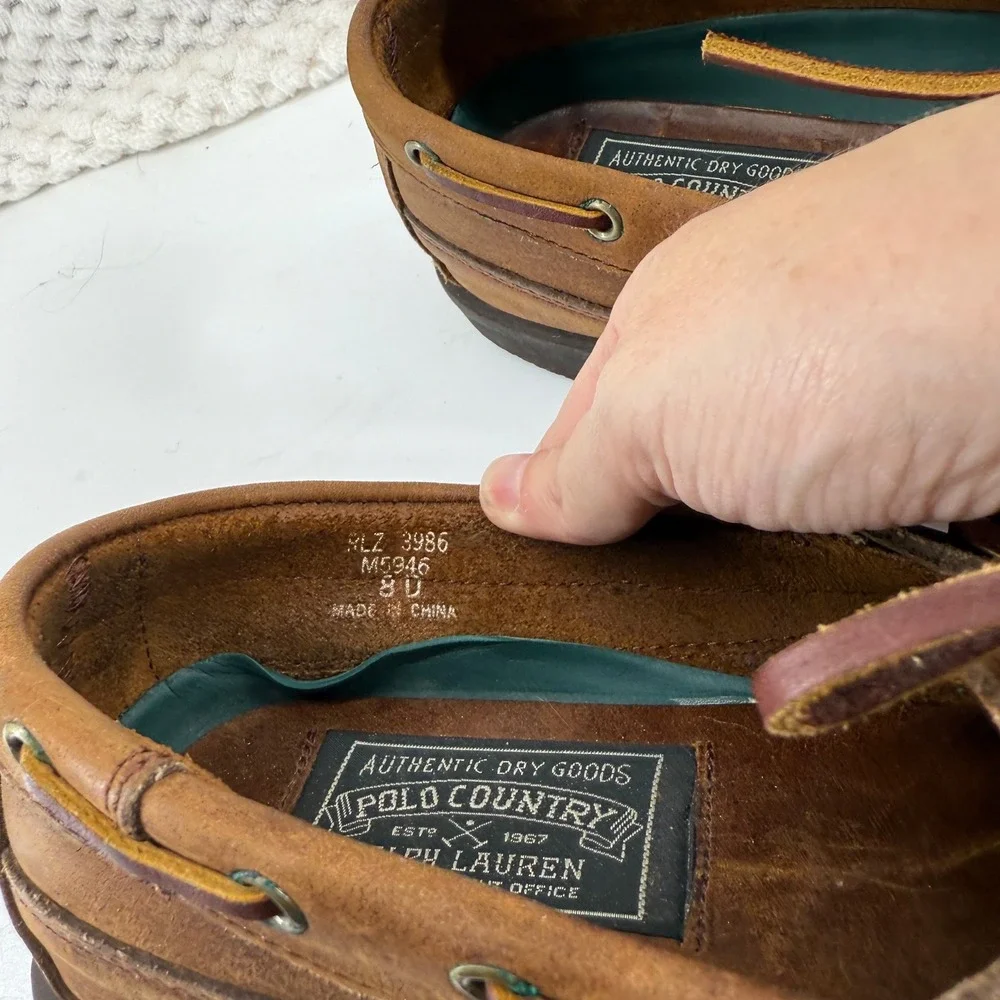 Vintage Polo Country Ralph Lauren Men Boat Shoes Leather Brown Lace Up Casual 8D